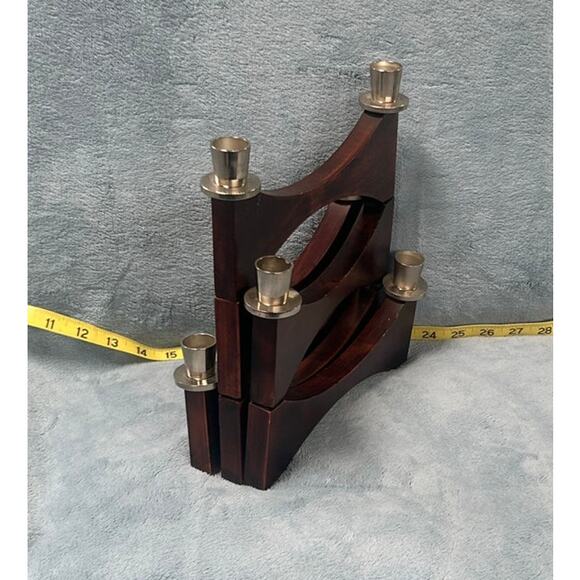 Mid Century Wood and Silver Folding Expanding Candelabra Scandinavian - Picture 6 of 6